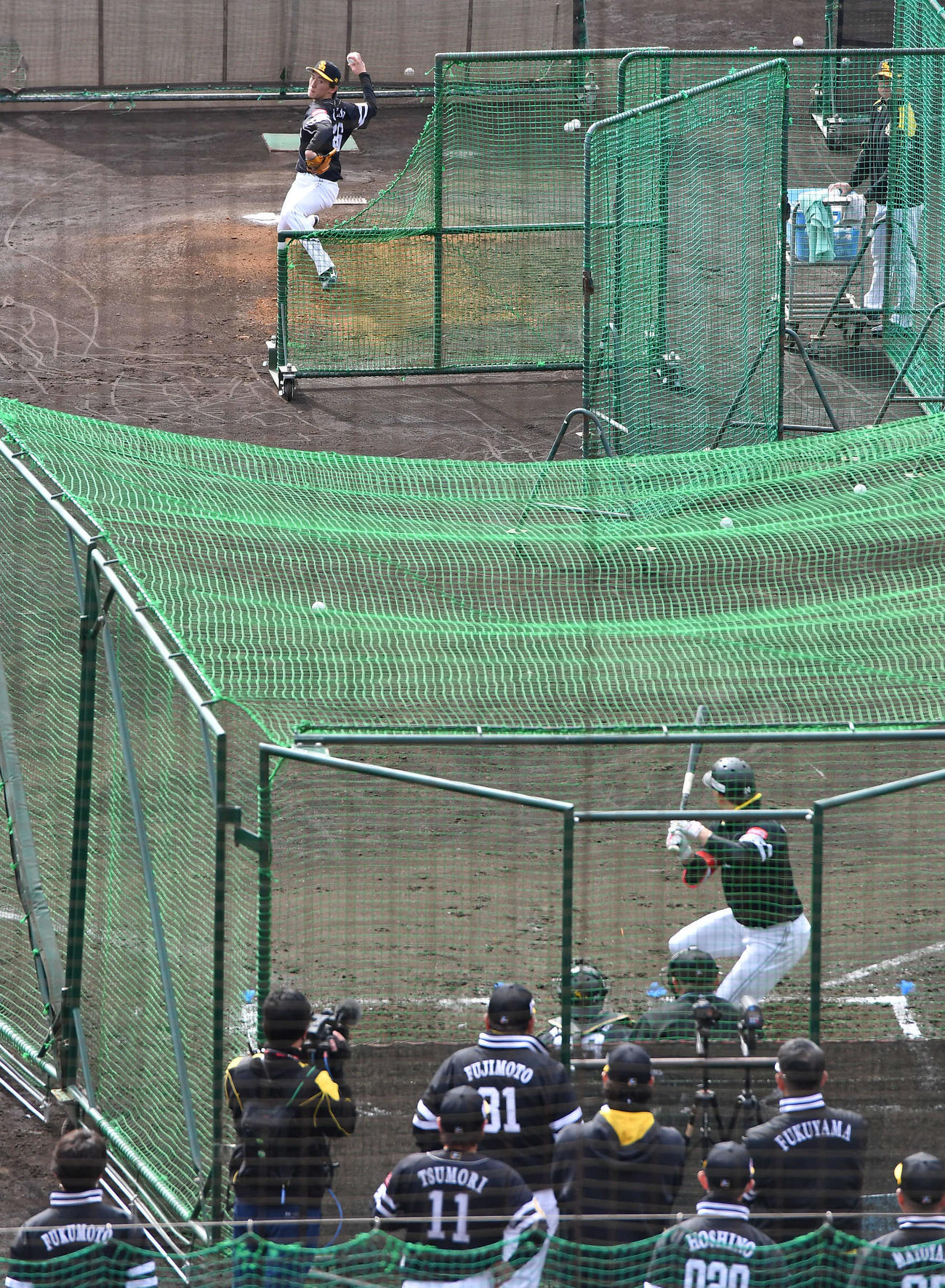 フリー打撃に登板した大津は、藤本監督（手前中央）らの前で栗原と対戦する（撮影・岩下翔太）