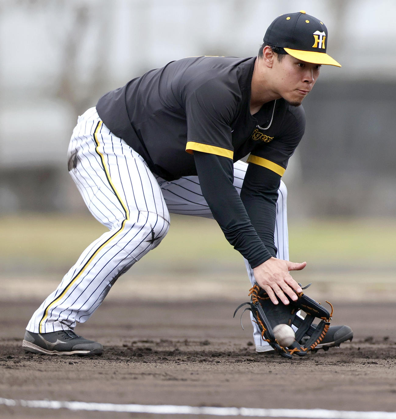 サブグラウンドでノックを受ける佐藤輝（撮影・上山淳一）