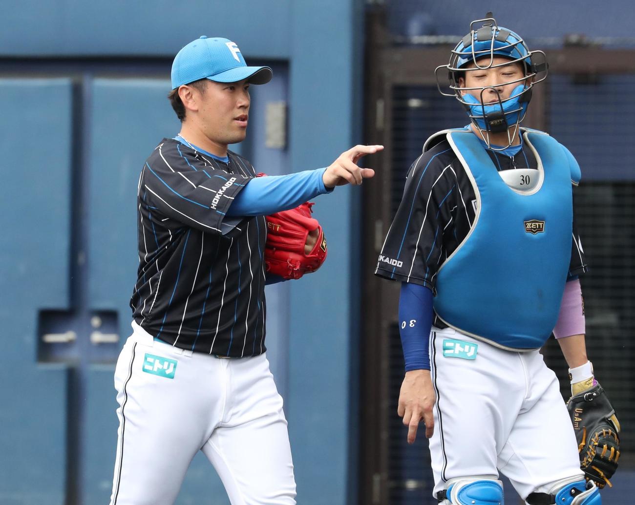紅白戦　4回に登板し打者を3人で抑える西村（左）（撮影・黒川智章）