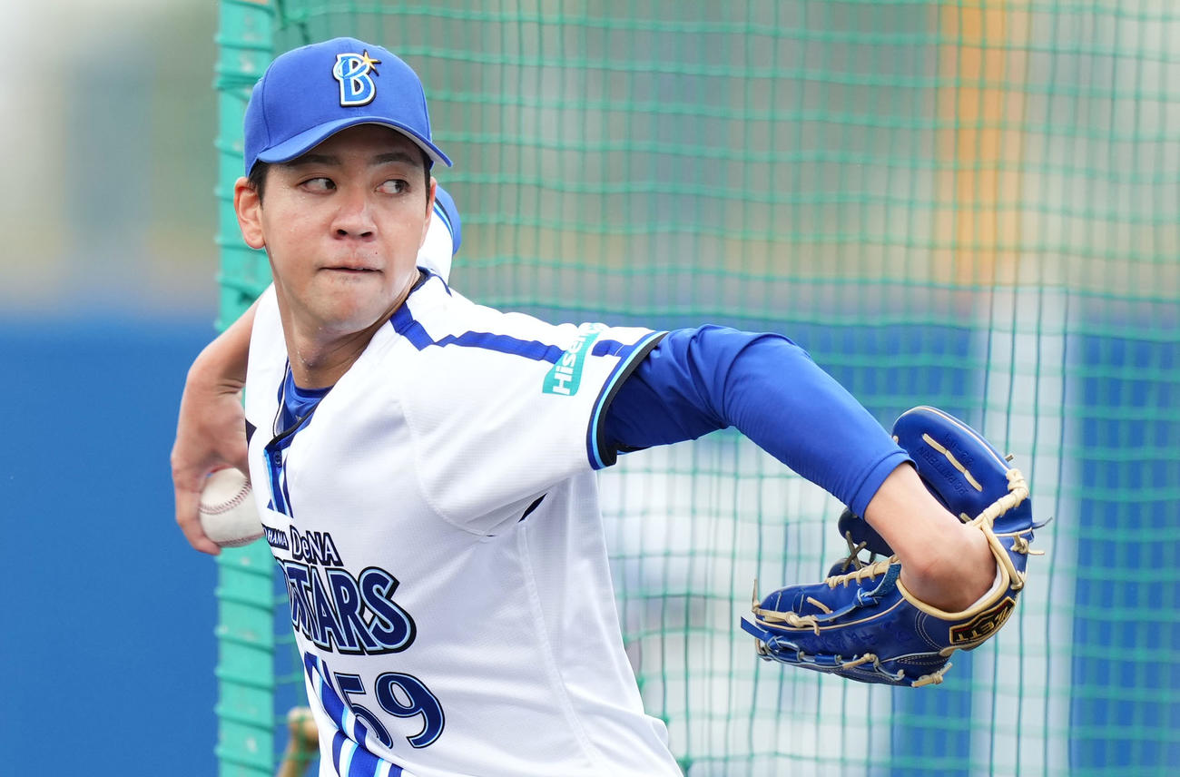 フリー打撃で投手を務めるDeNA平良（撮影・横山健太）