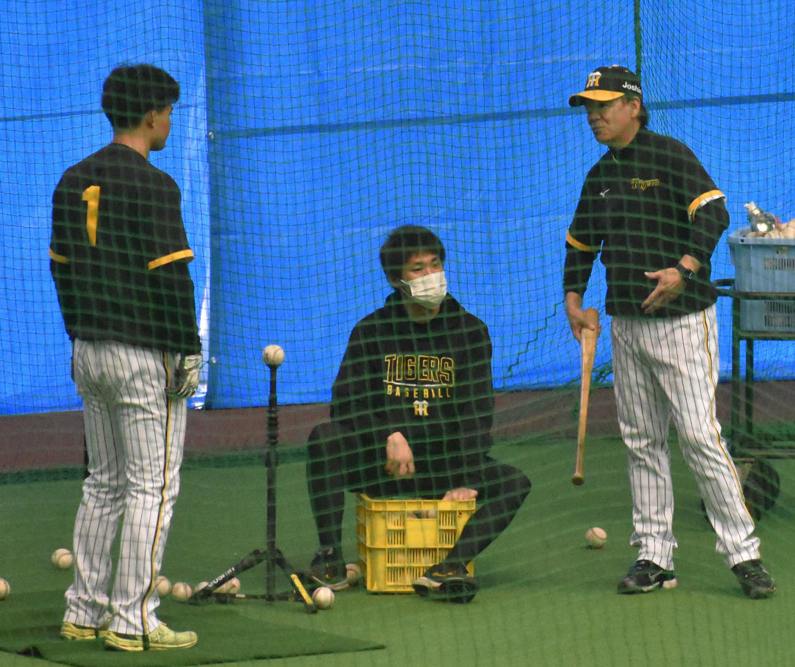 ティー打撃を行う森下翔太（左）に指導する和田豊2軍監督