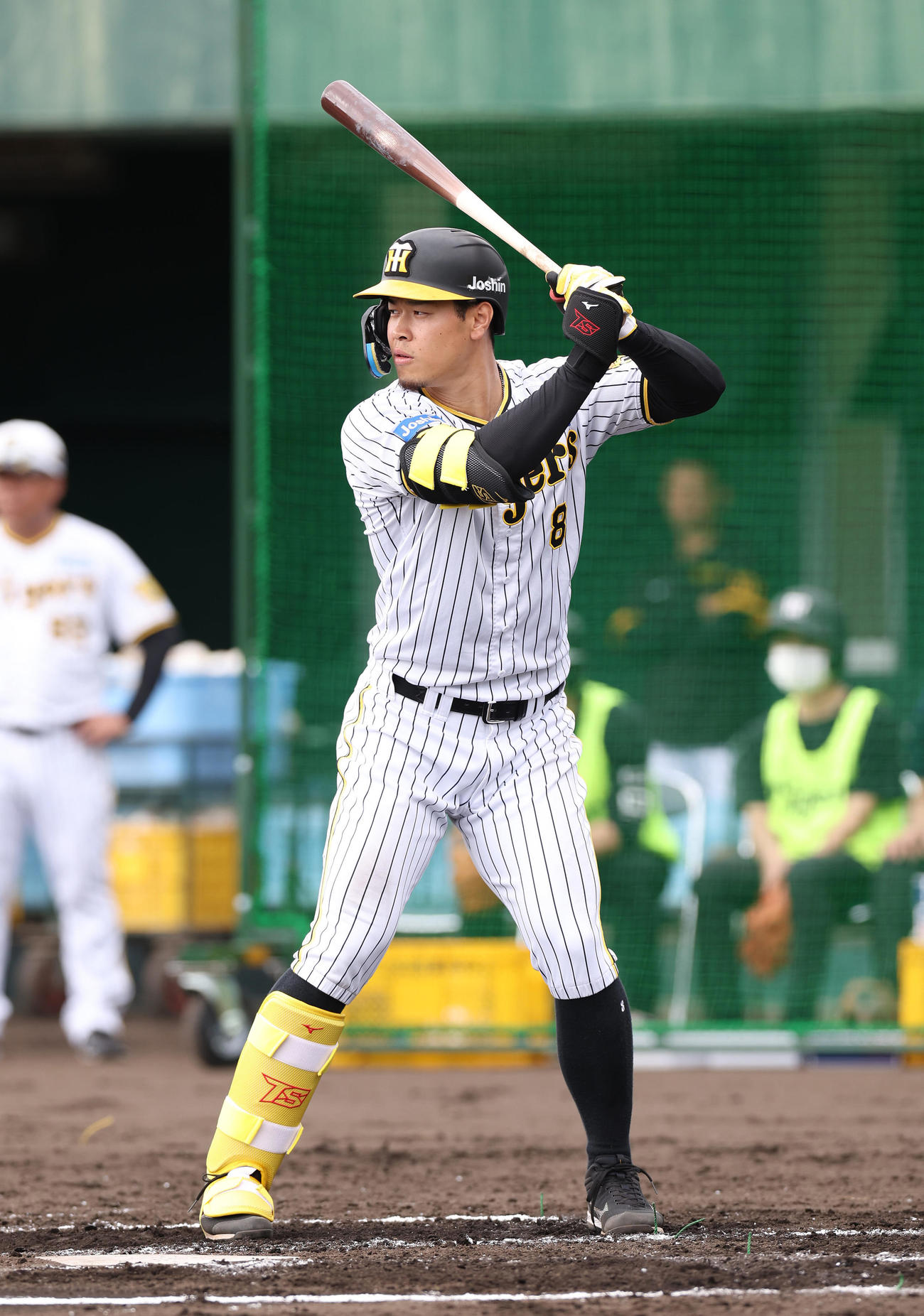 シート打撃で構える阪神佐藤輝（撮影・前田充）