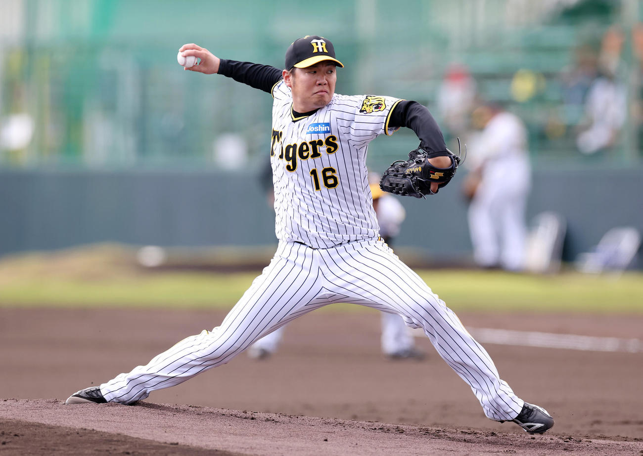 シート打撃に登板する阪神西勇（撮影・前田充）