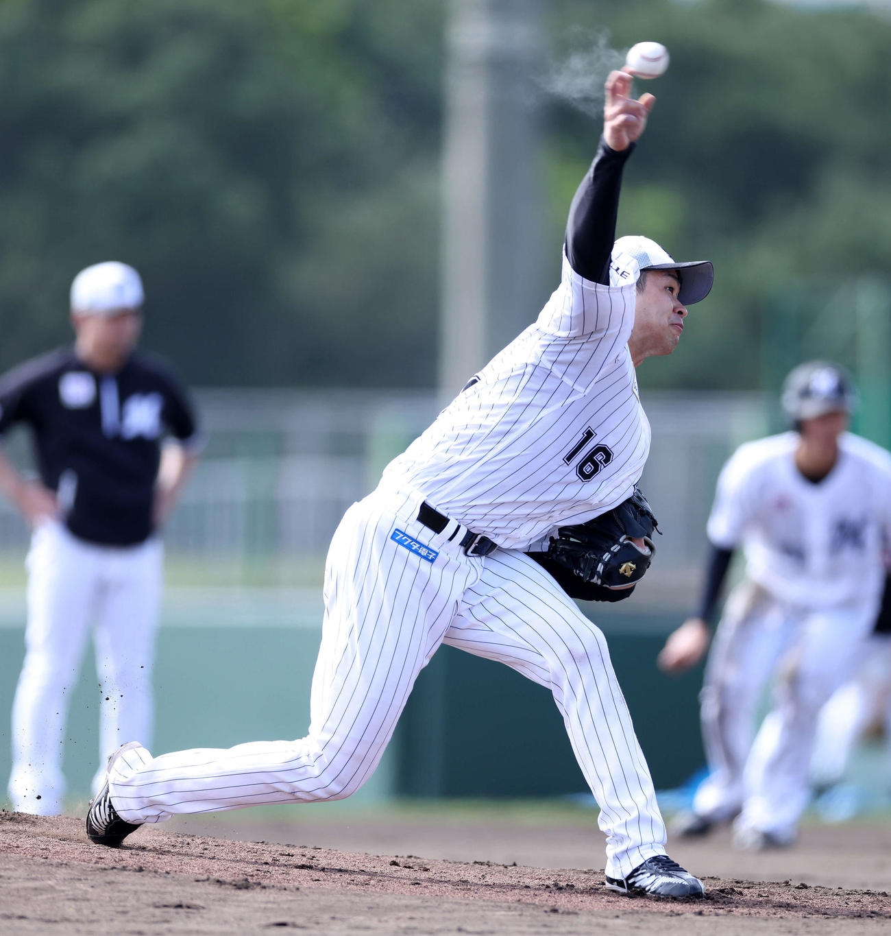打撃投手練で力投するロッテ種市（撮影・河田真司）