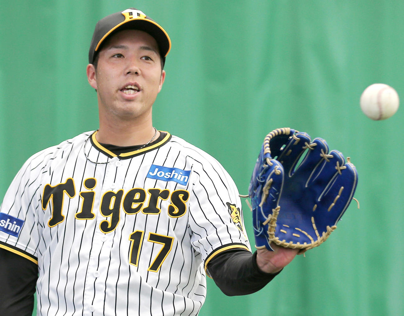 ブルペンで投球練習する青柳（撮影・上山淳一）