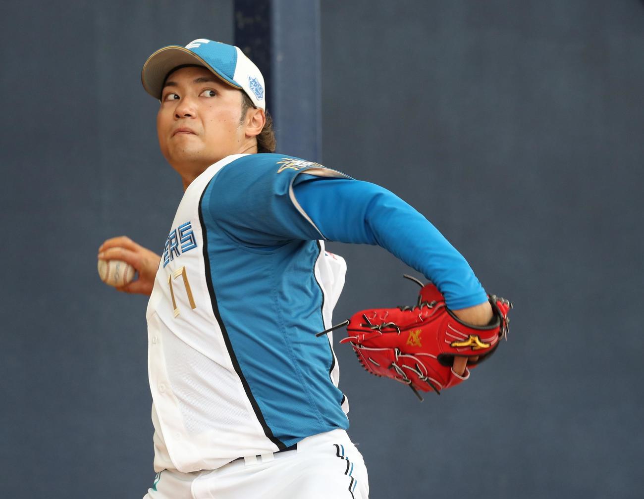 ブルペンで投球する日本ハム伊藤（撮影・黒川智章）