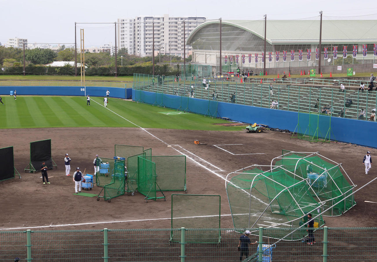 ヤクルト村上のフリー打撃の柵越えの打球が後方の白いテント付近に落下した（撮影・足立雅史）