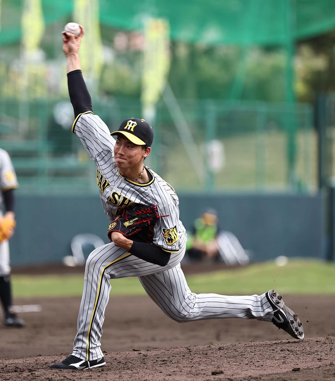シート打撃練習で登板する湯浅（撮影・上田博志）