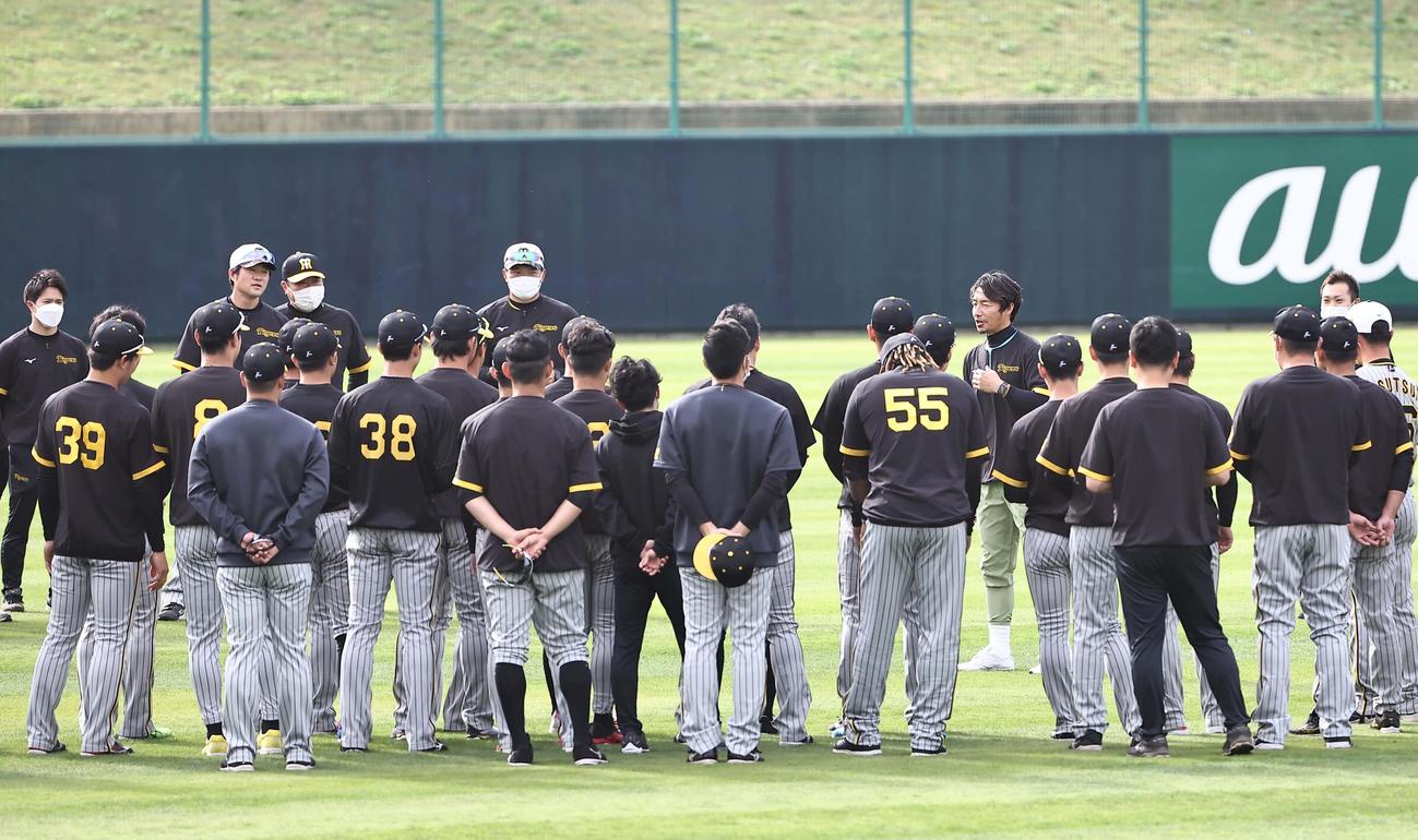 臨時コーチの鳥谷（中央右）はナインにあいさつをする（撮影・上田博志）