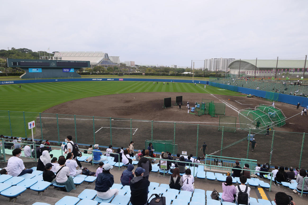 ヤクルト村上のフリー打撃の柵越えの打球が後方の白いテント付近に落下した（撮影・足立雅史）
