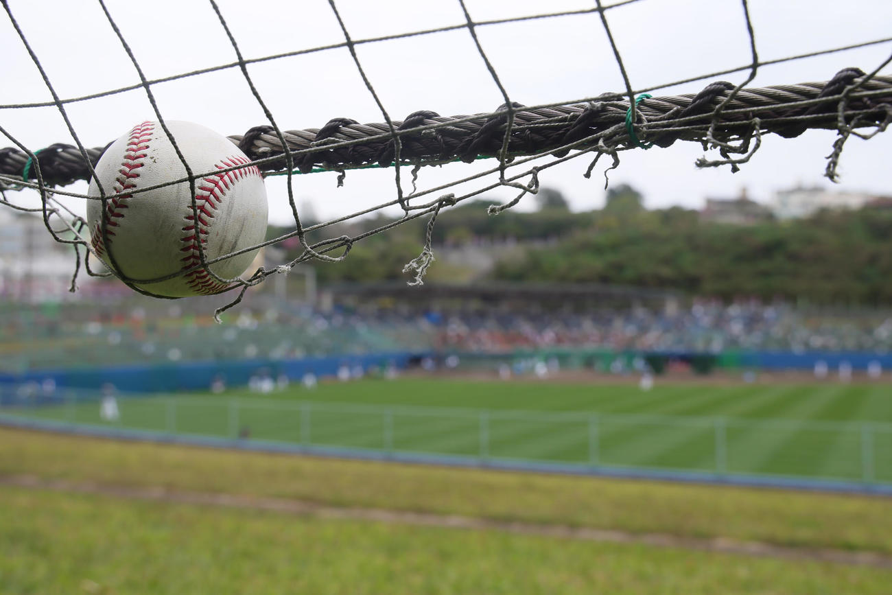 フリー打撃でヤクルト村上の放った柵越えの打球は外野の防球ネットにひっかかる（撮影・足立雅史）