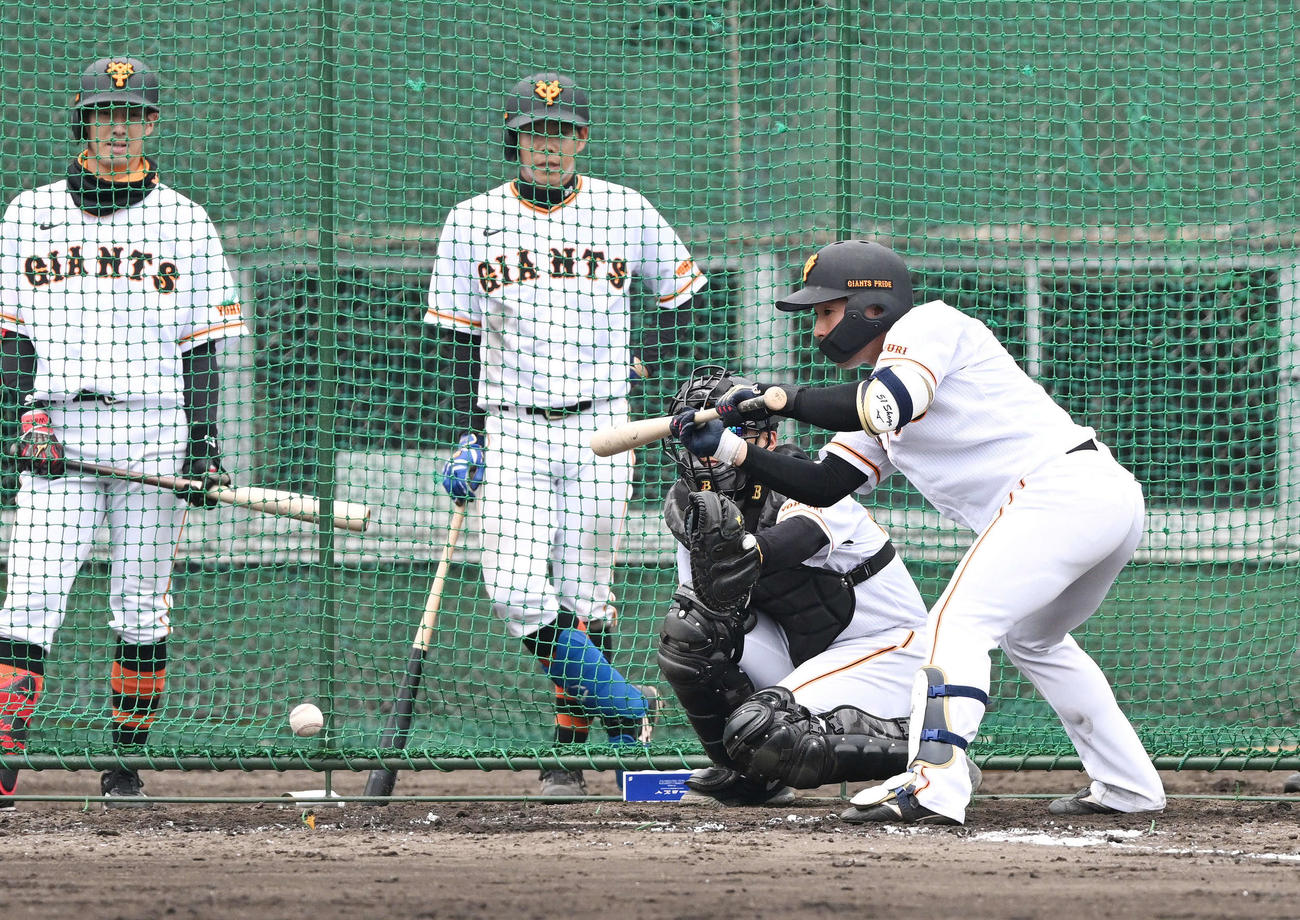 チーム打撃でバントを決める巨人ドラフト1位浅野（撮影・滝沢徹郎）