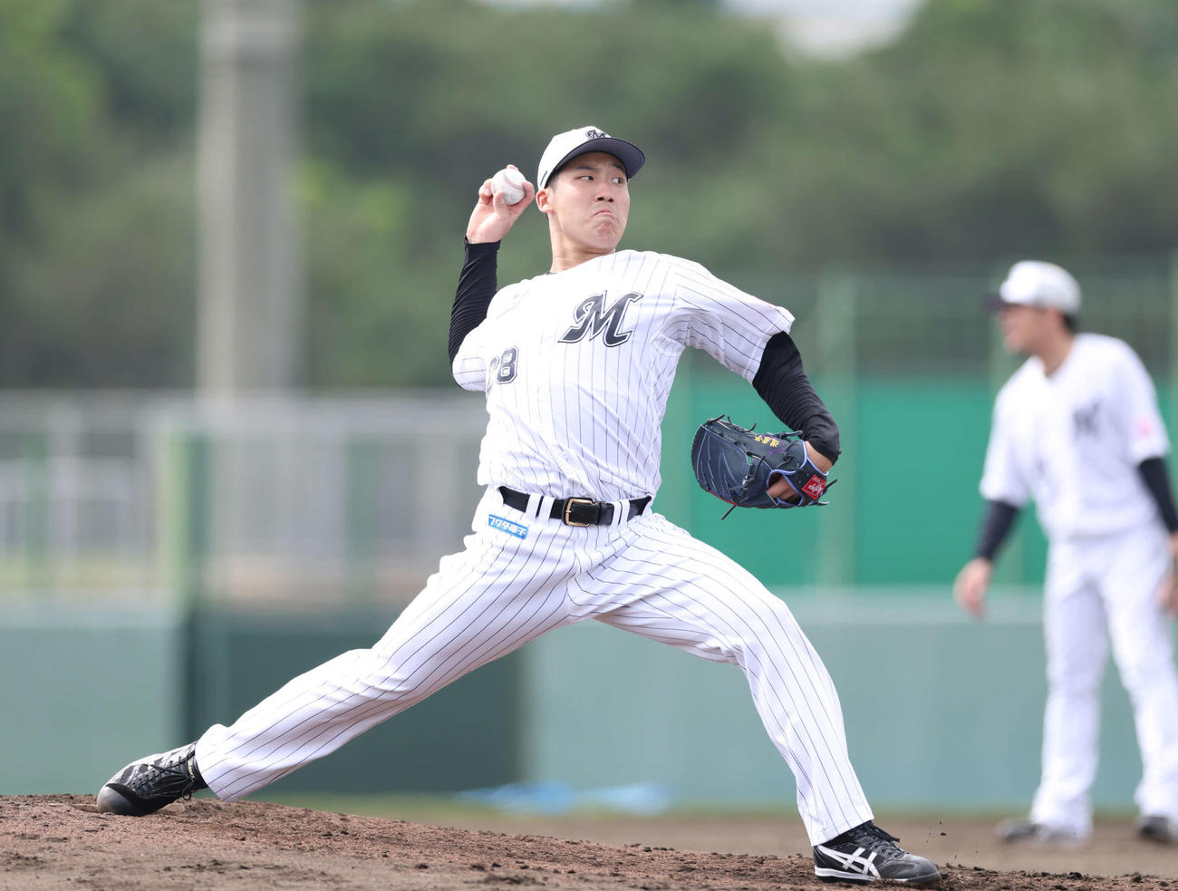 実戦形式の打撃練習で力投するロッテ菊地（撮影・河田真司）