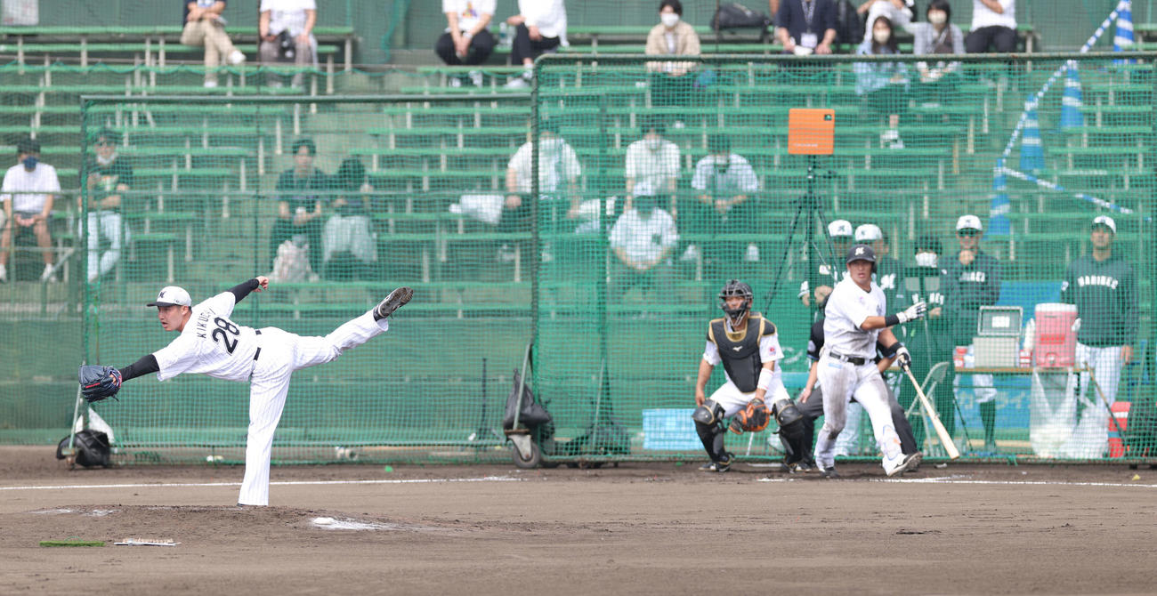 実戦形式の打撃練習に臨むロッテ菊地。打者池田（撮影・河田真司）