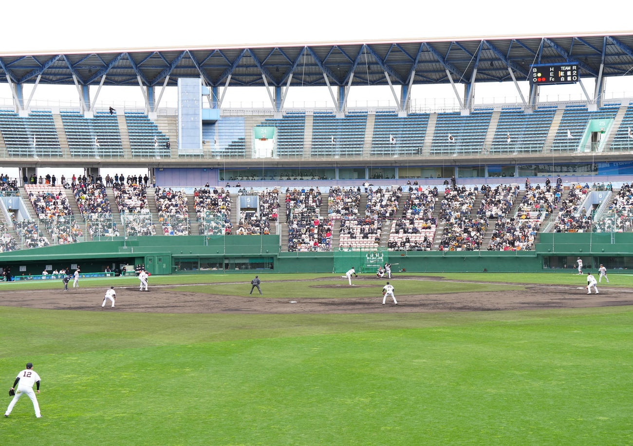 巨人紅白戦　4回表紅組2死一塁、投ゴロに倒れる浅野（撮影・江口和貴）
