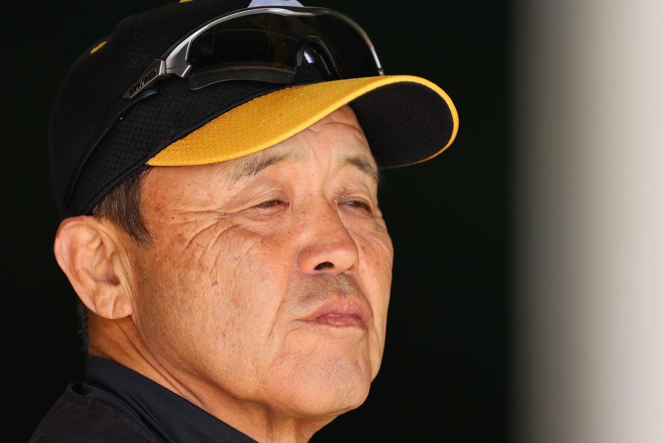 遠くを見つめる岡田監督（撮影・加藤哉）