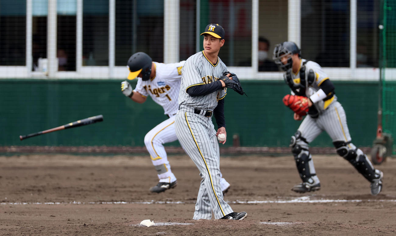 紅白戦　6回裏白組2死、大竹は代打森下を投ゴロに仕留める（撮影・加藤哉）