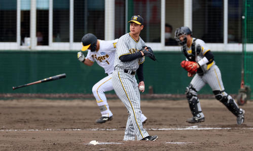 紅白戦　6回裏白組2死、大竹は代打森下を投ゴロに仕留める（撮影・加藤哉）