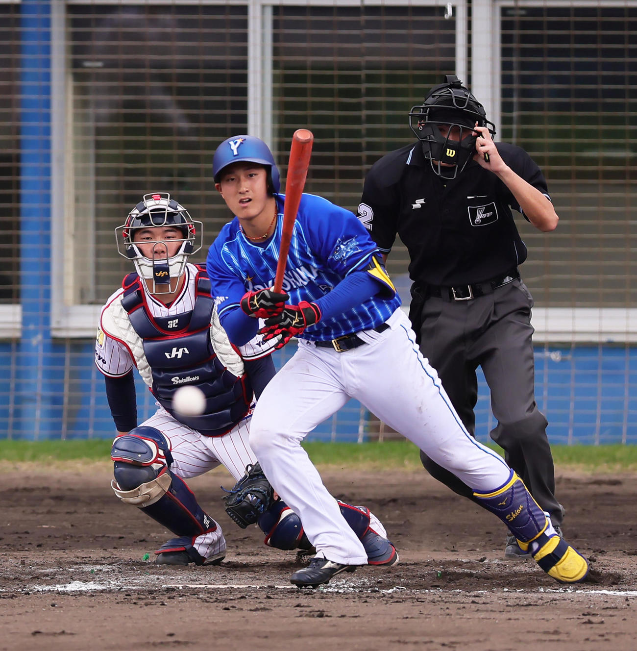 練習試合　ヤクルト対DeNA 5回表DeNA1死、遊ゴロに倒れた松尾（撮影・足立雅史）