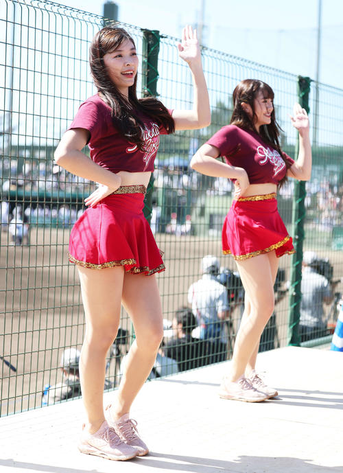 お立ち台でパフォーマンスするインルー（左）ら楽天ガールズのチア（撮影・河田真司）