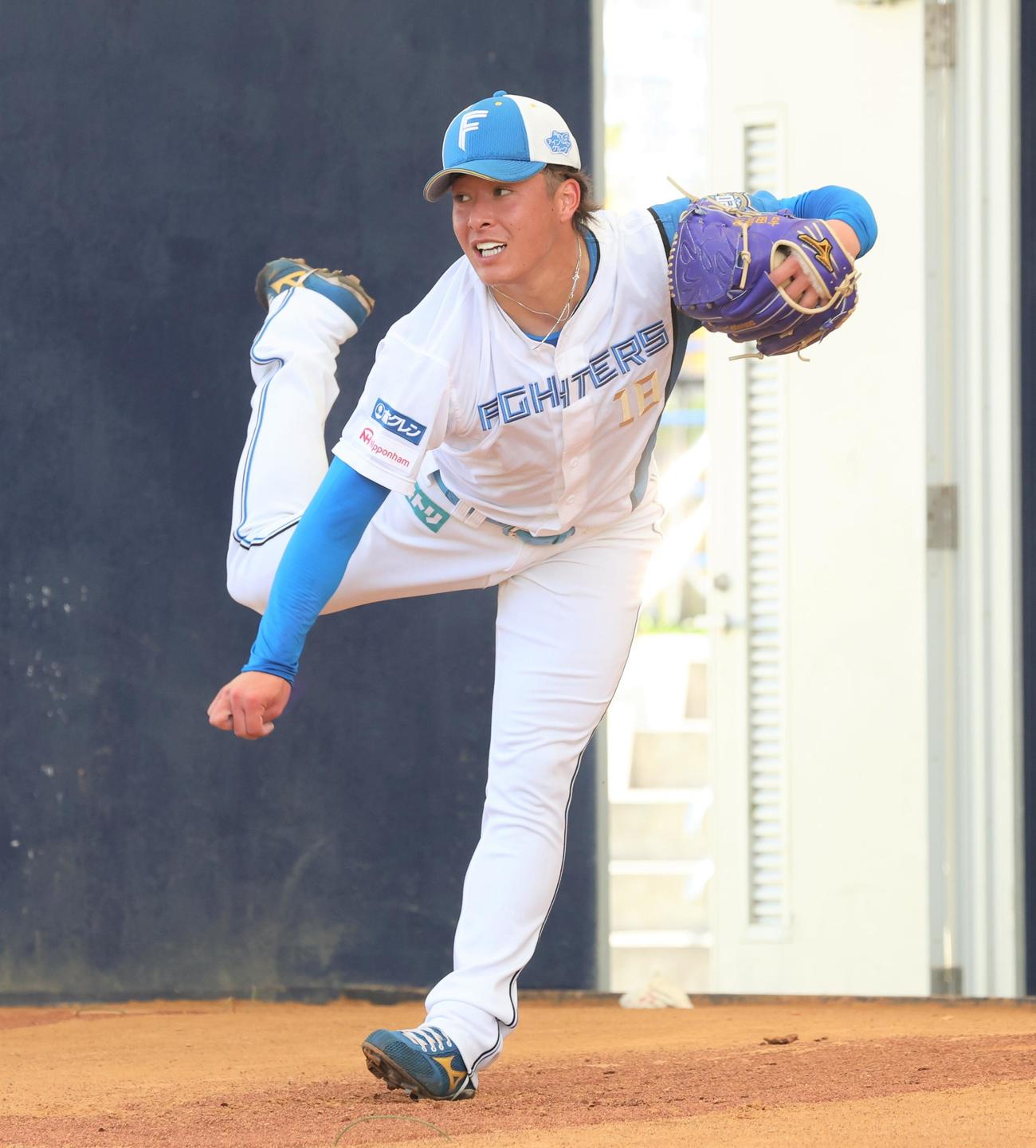 ブルペンで投球する日本ハム吉田（撮影・黒川智章）