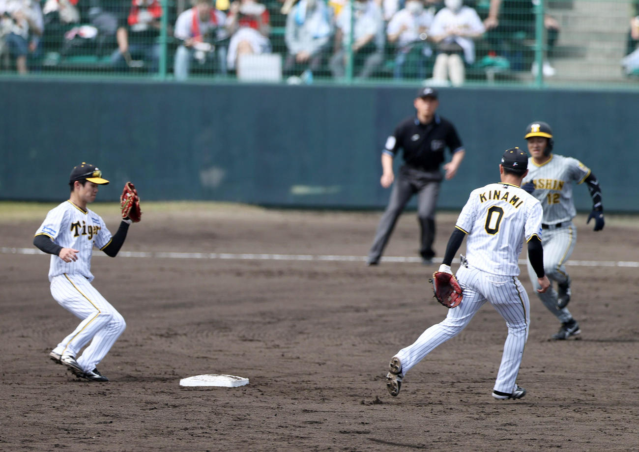 遊撃手木浪聖也（右から2人目）と二塁手中野拓夢（2023年2月12日撮影）