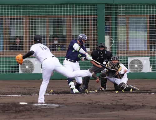 ロッテ対ヤクルト 4回表ヤクルト1死二塁、村上は右前適時打を放つ。投手二木(撮影・足立雅史)