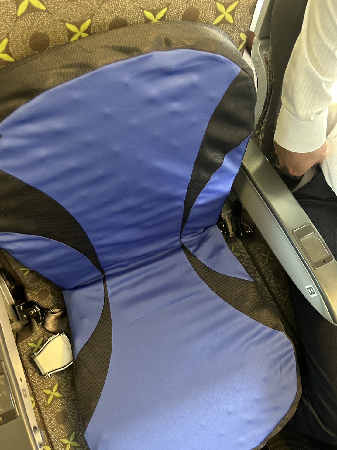 飛行機の座席にセットした巨人門脇のクッション