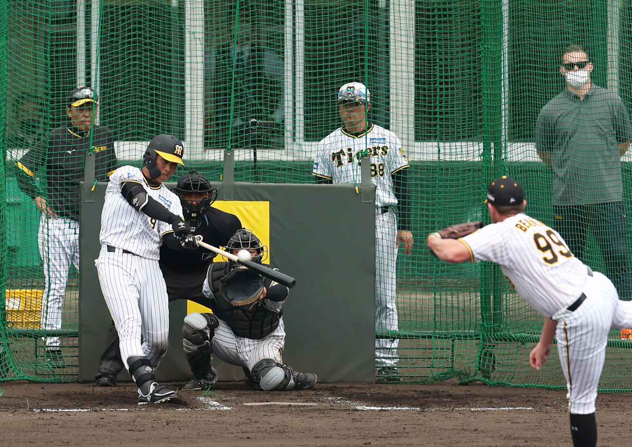 フリー打撃で高山はビーズリーから右前打を放つ（撮影・上山淳一）