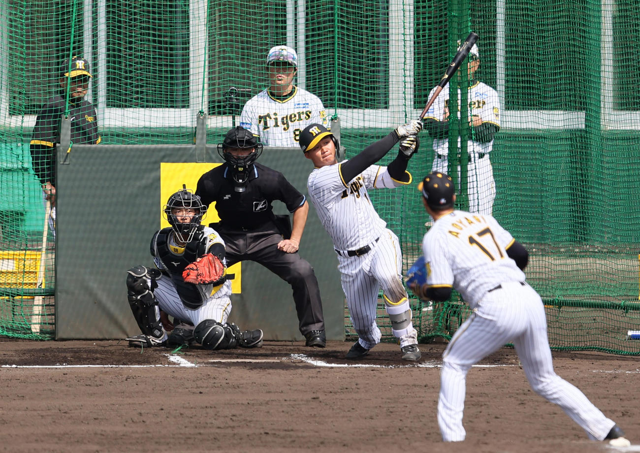 特打で青柳（手前）から左飛を放つ森下（撮影・上山淳一）