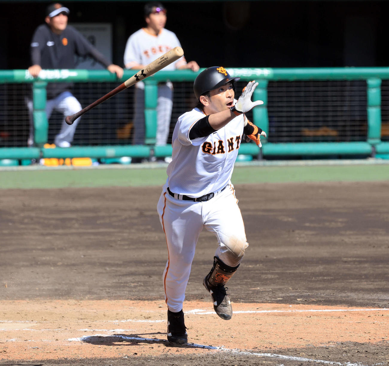 巨人紅白戦　6回裏白組2死、松田は右方向に大きな打球を放って、柵越えかと思われたが、ならずがっくり（撮影・浅見桂子）