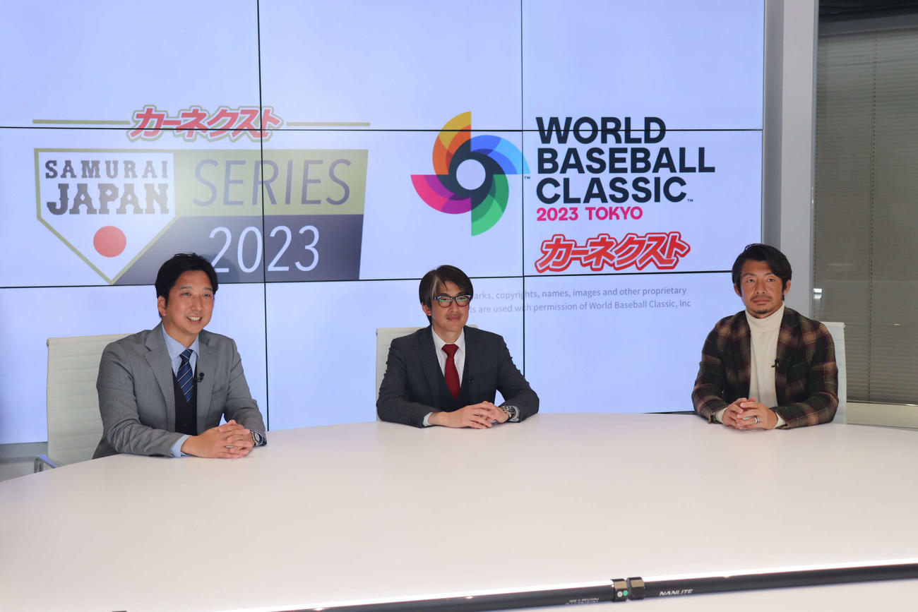 藤川氏（左）のYouTubeチャンネル「藤川球児の真向勝負」と、カーネクストのコラボ企画動画にゲスト参加した能見氏（中央）と鳥谷氏
