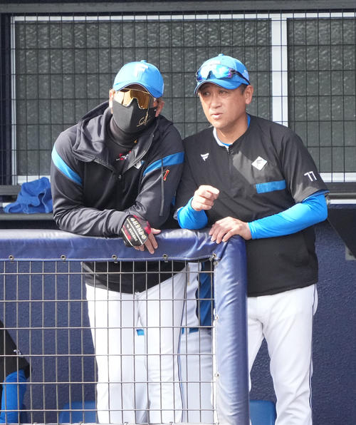 日本ハム対中日　5回裏、ベンチで試合を見つめる日本ハム新庄監督（左）（撮影・森本幸一）