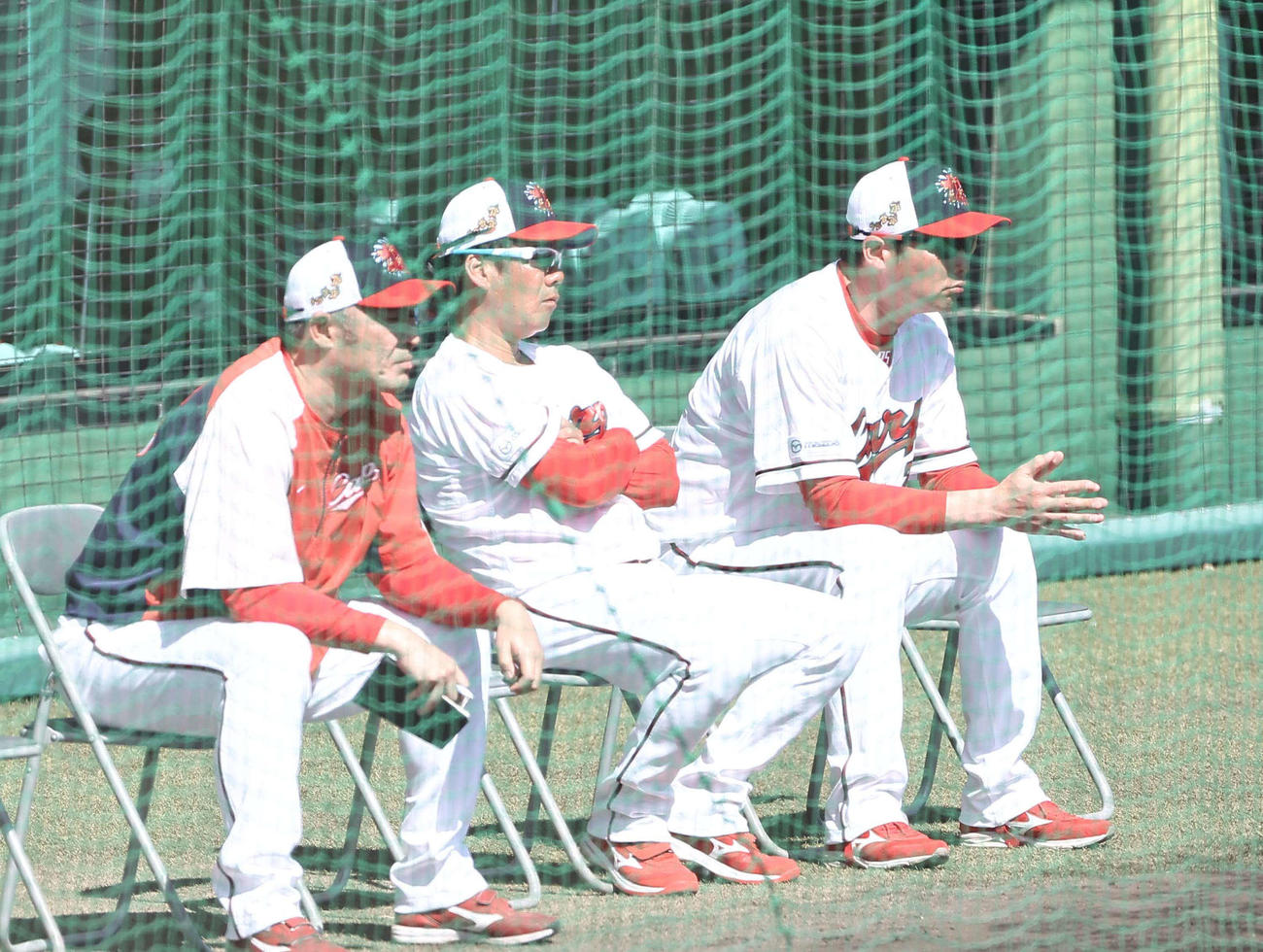 新井監督（右）はネット裏から紅白戦を見る（撮影・上田博志）