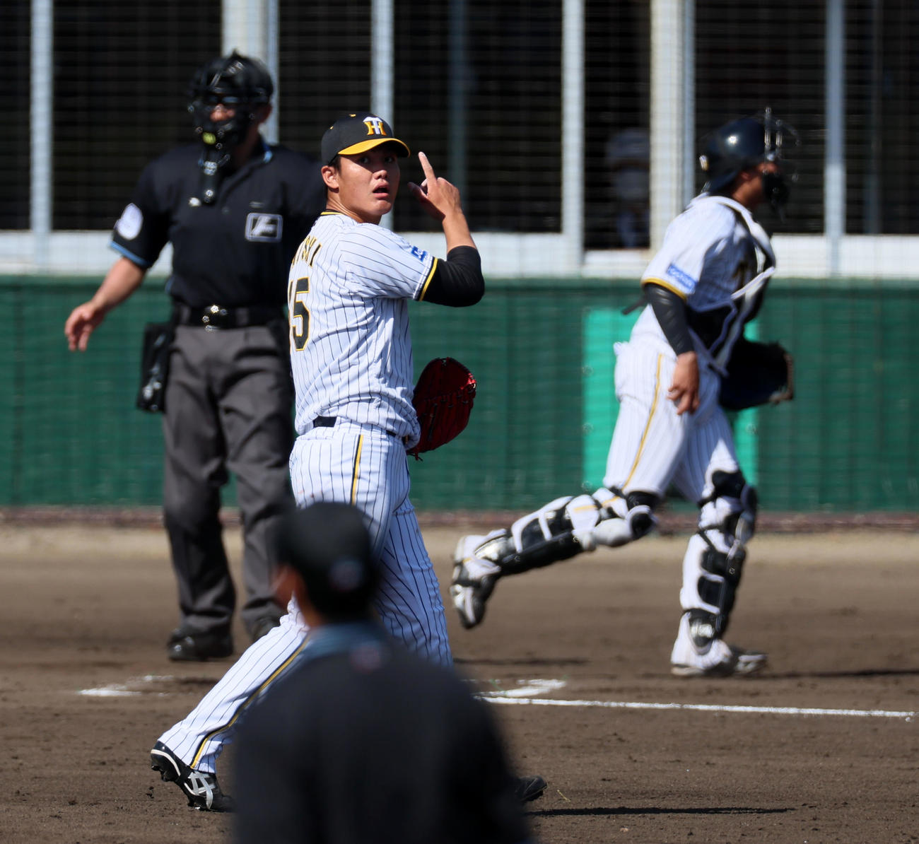 阪神対DeNA 7回表DeNA2死、西純矢は代打桑原を三振に仕留め人差し指を立てる（撮影・加藤哉）
