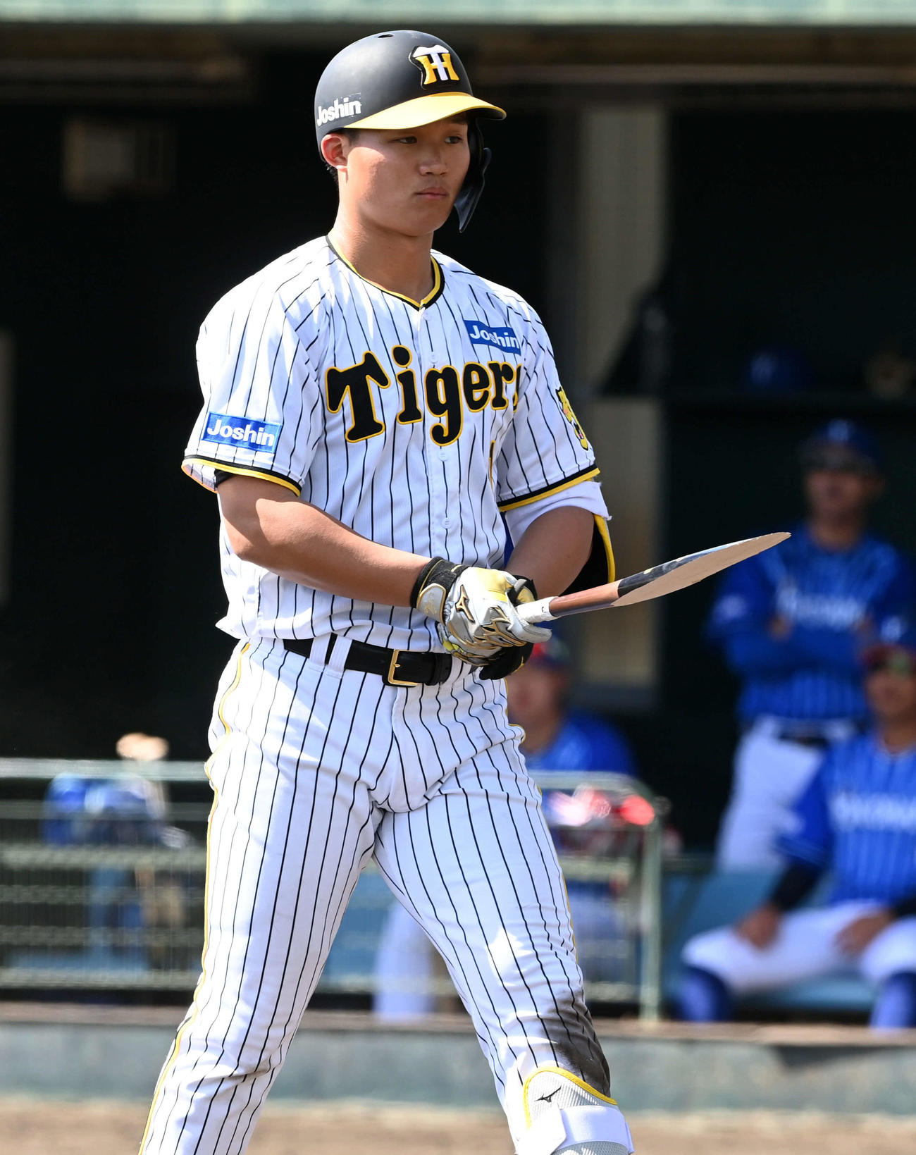 阪神対DeNA 5回裏阪神無死、打ち返すもバットが折れ交換に向かう森下（撮影・前岡正明）
