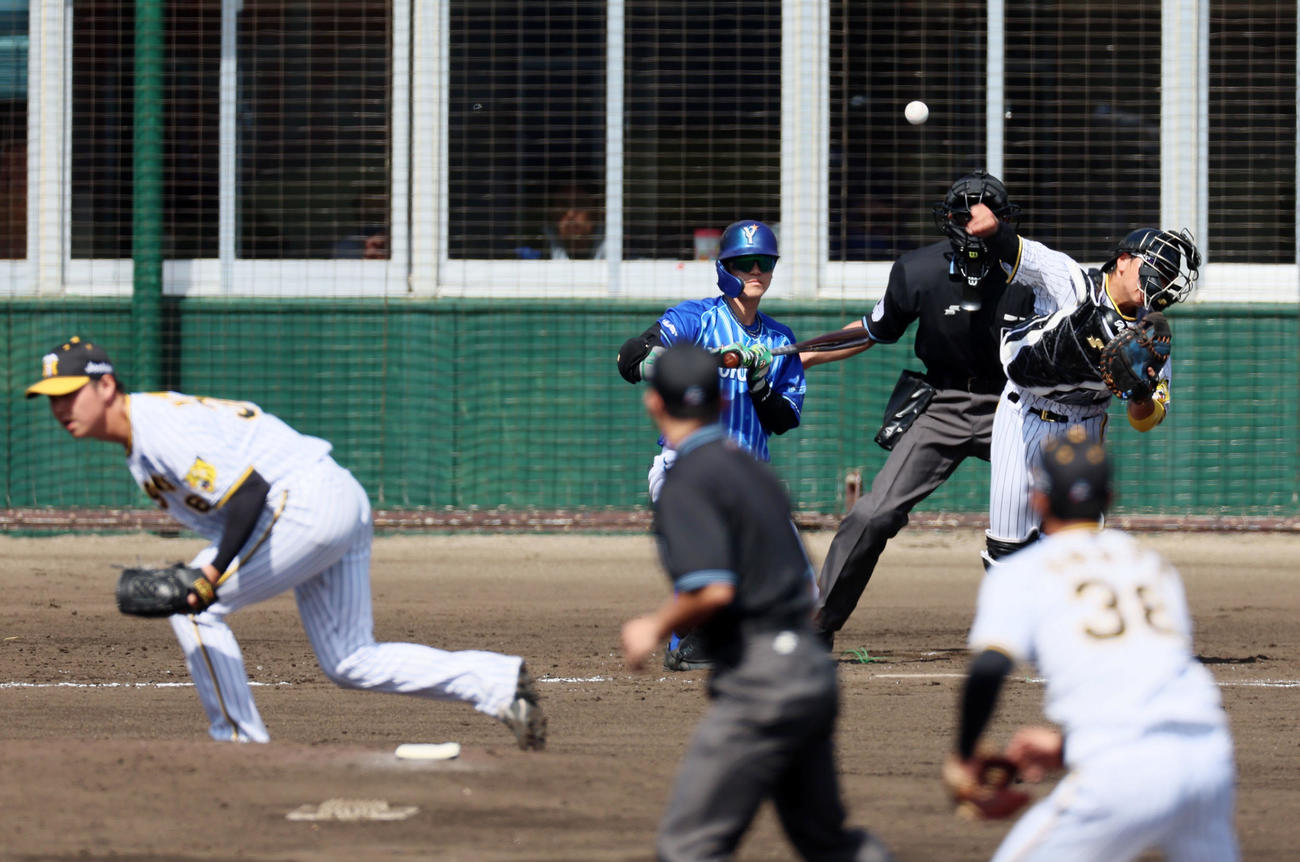 阪神対DeNA 4回表DeNA無死一塁、梅野は一塁走者森の二塁盗塁を刺す。打者関根。投手は才木（撮影・加藤哉）
