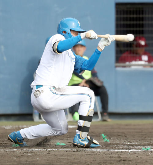 日本ハム対楽天　7回裏日本ハム1死三塁、スクイズを決める石井（撮影・佐藤翔太）
