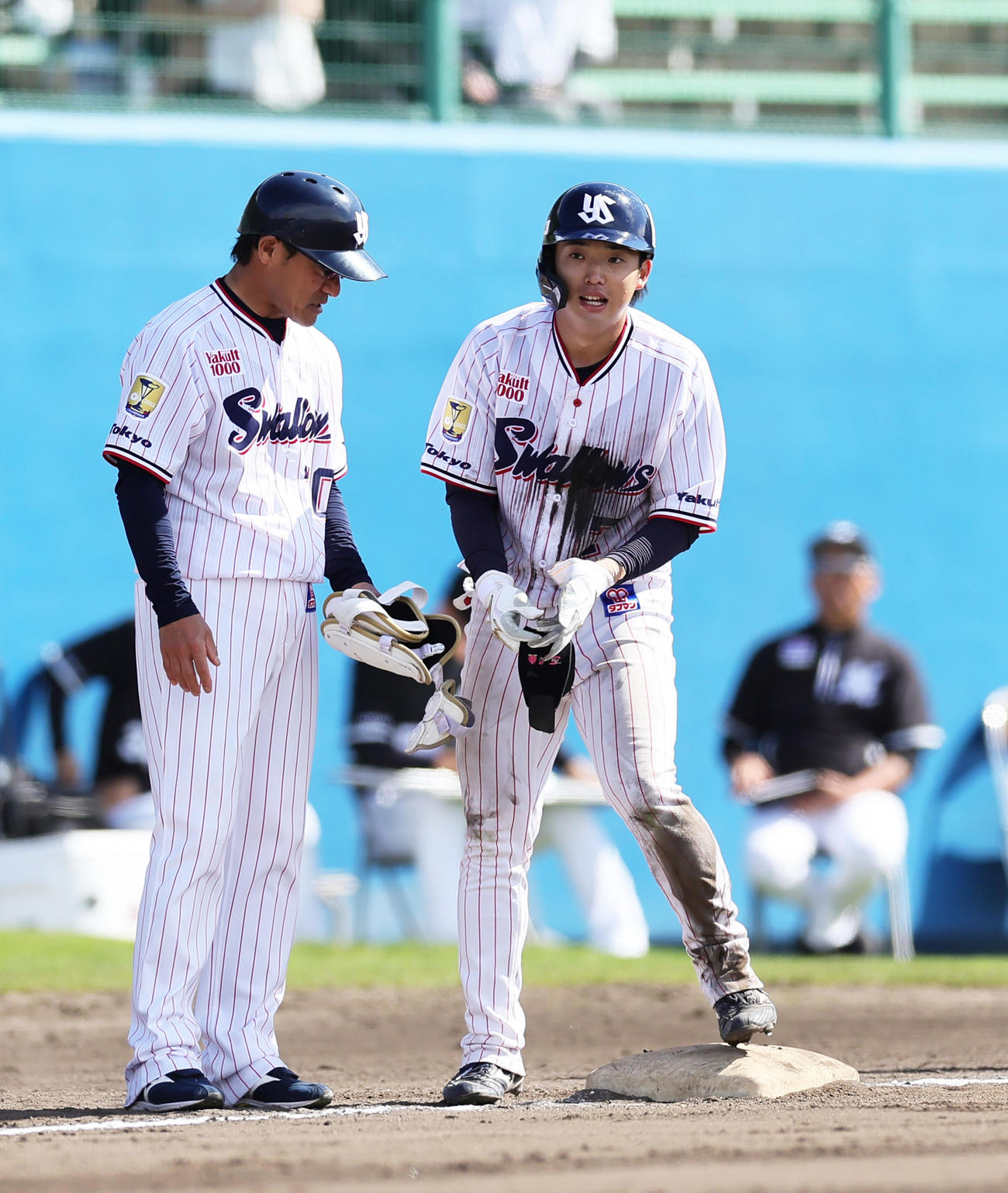 ヤクルト対ロッテ　5回裏ヤクルト1死一塁、長岡（右）は右適時三塁打を放つ（撮影・足立雅史）