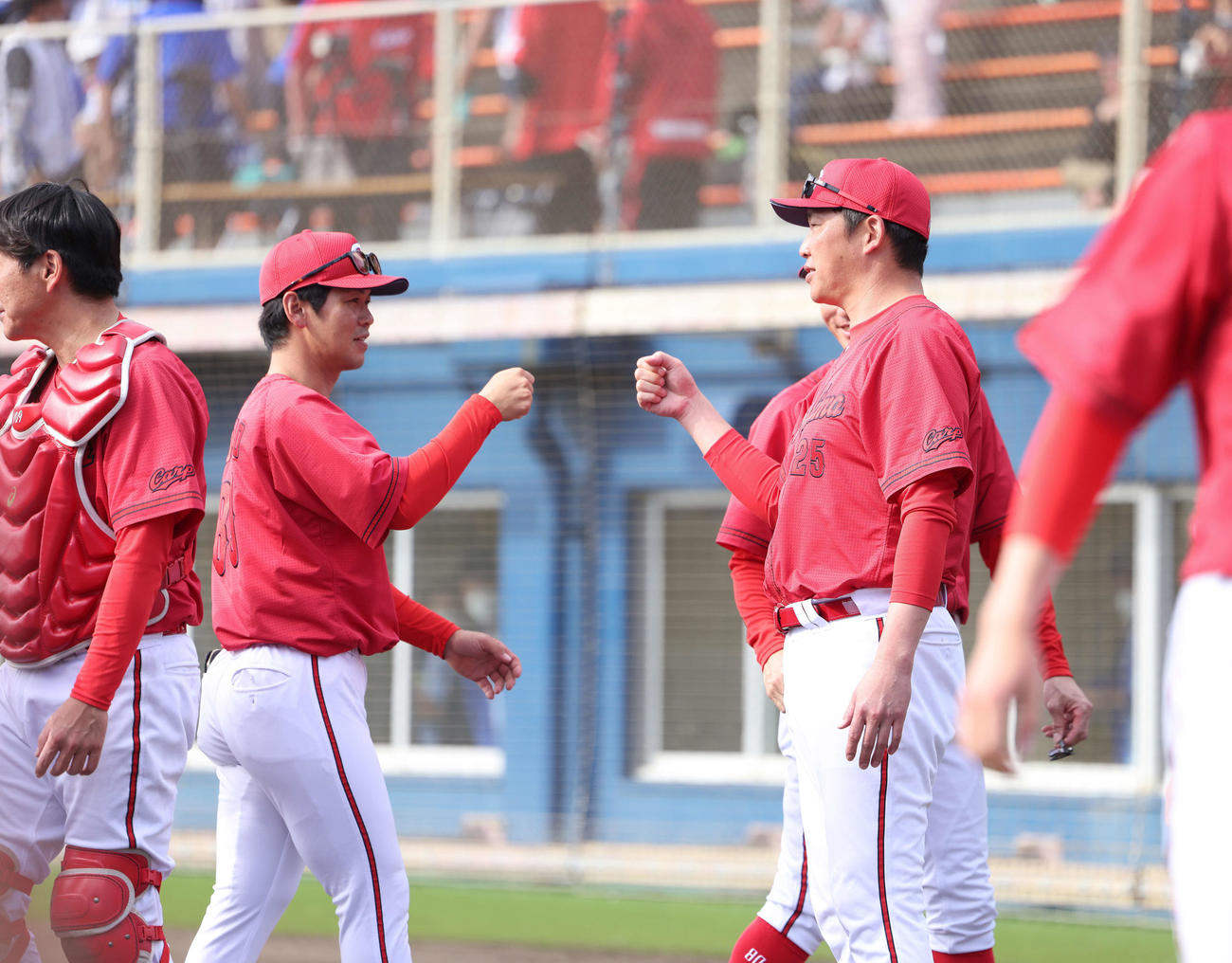 DeNA対広島　DeNAとの練習試合を終え、選手たちを迎える広島新井監督（右）（撮影・河田真司）