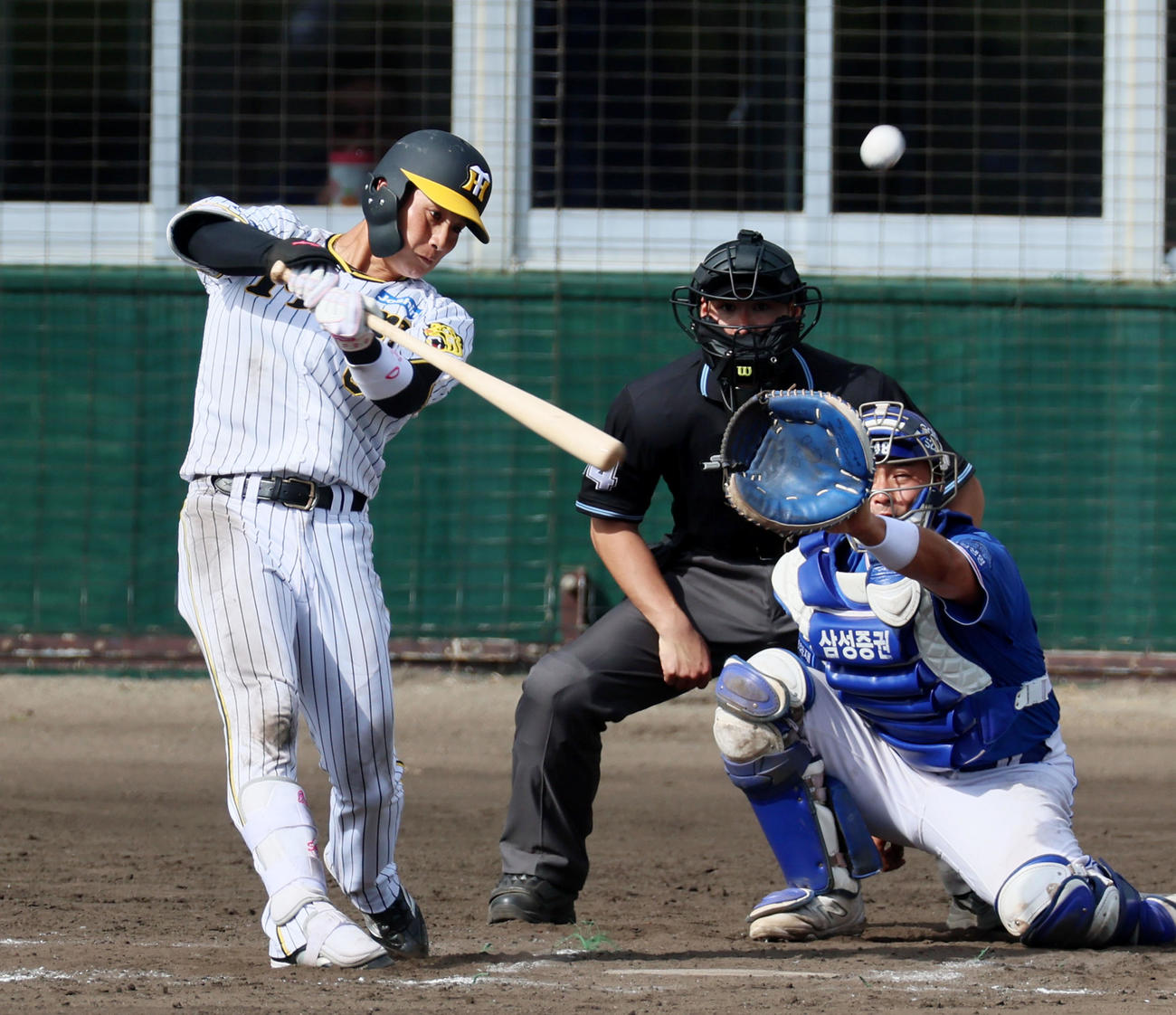 阪神対サムスン　7回裏阪神2死、木浪は左へ二塁打を放つ（撮影・加藤哉）