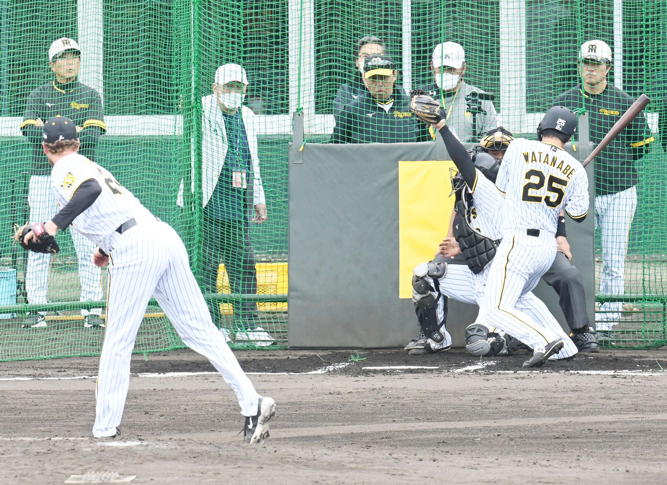 実戦形式の打撃練習に登板したB・ケラーの投球を見る岡田監督。打者は渡辺諒（撮影・前岡正明）