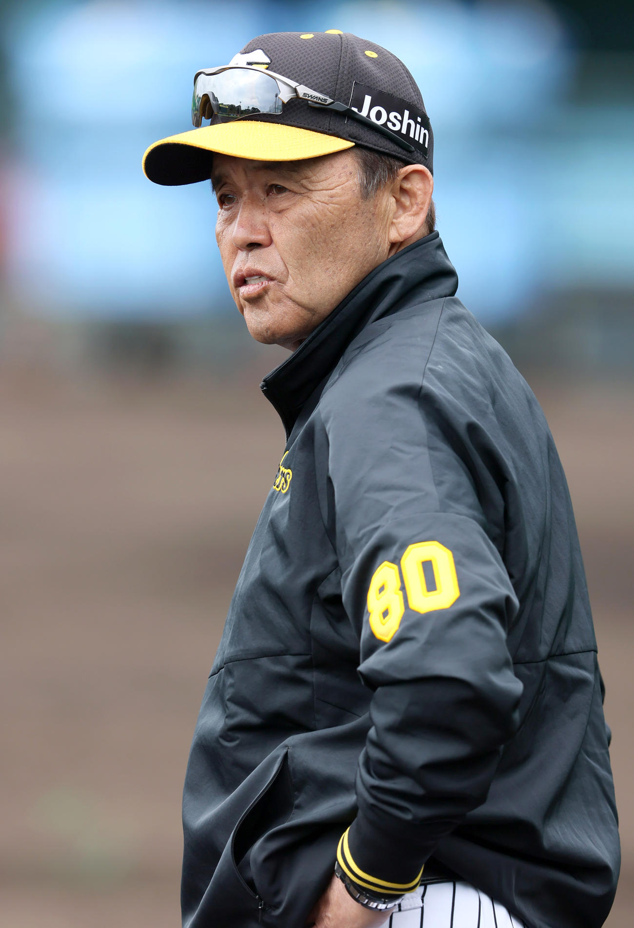 厳しい表情で練習を見る阪神岡田監督（撮影・上山淳一）