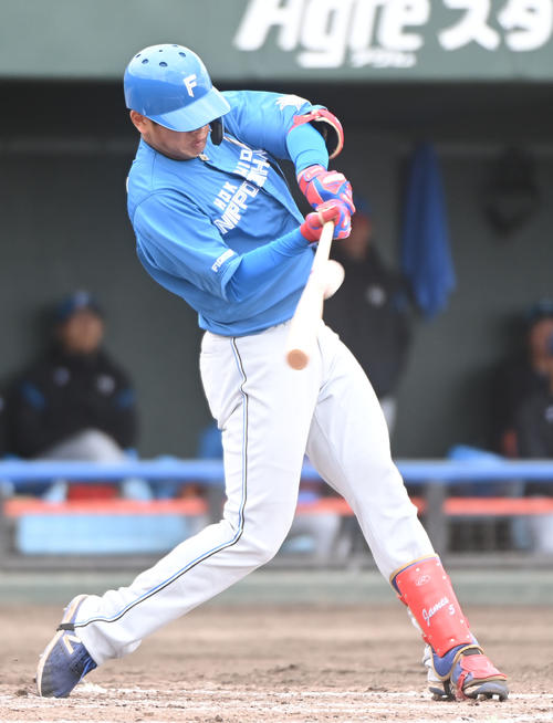中日対日本ハム　7回表日本ハム1死一塁、右越え2点本塁打を放つ野村（撮影・森本幸一）