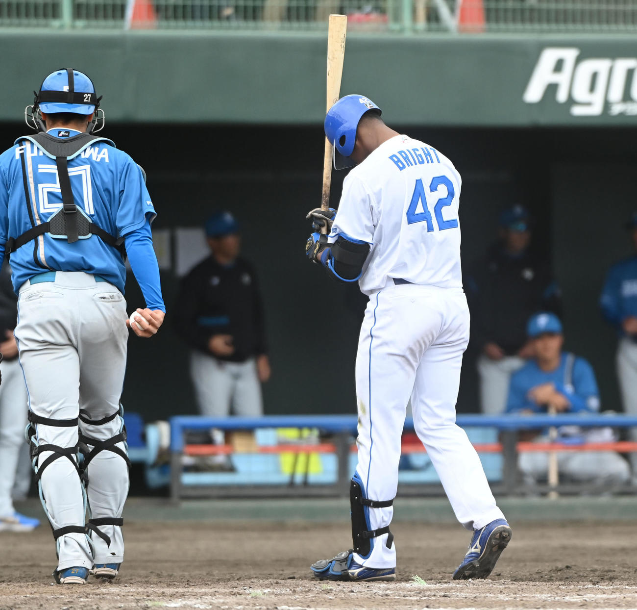 中日対日本ハム　7回裏中日2死一塁、見逃し三振に倒れるブライト（右）（撮影・森本幸一）