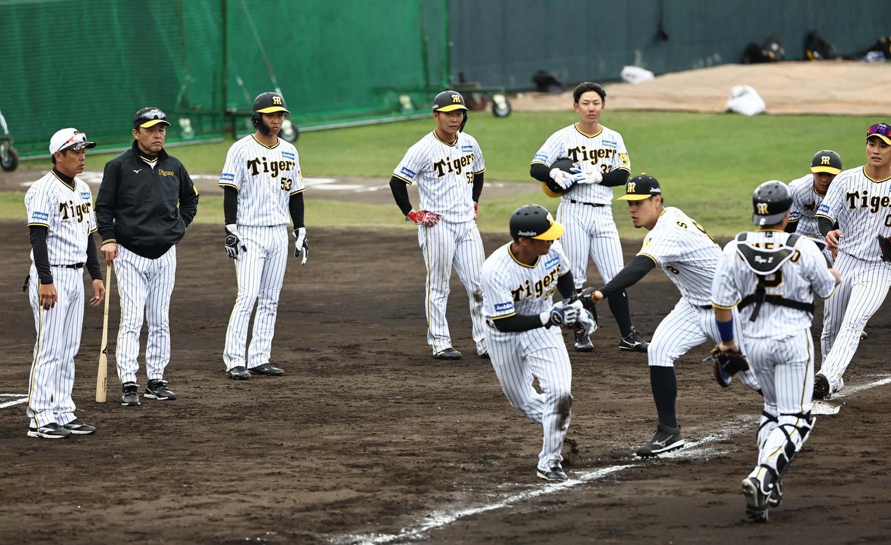 岡田監督（左から2人目）はランダウンプレーの練習を見守る（撮影・上田博志）