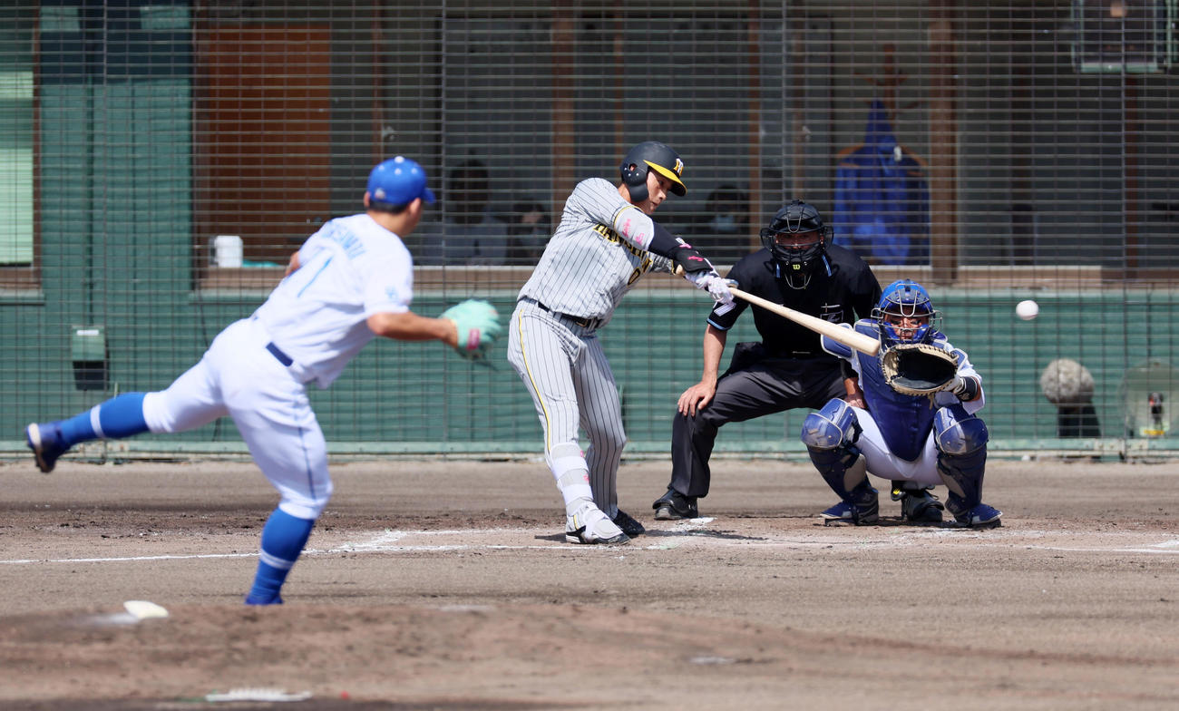 中日対阪神　2回表阪神1死一、二塁、木浪は左へ適時打を放つ。投手は小笠原（撮影・加藤哉）