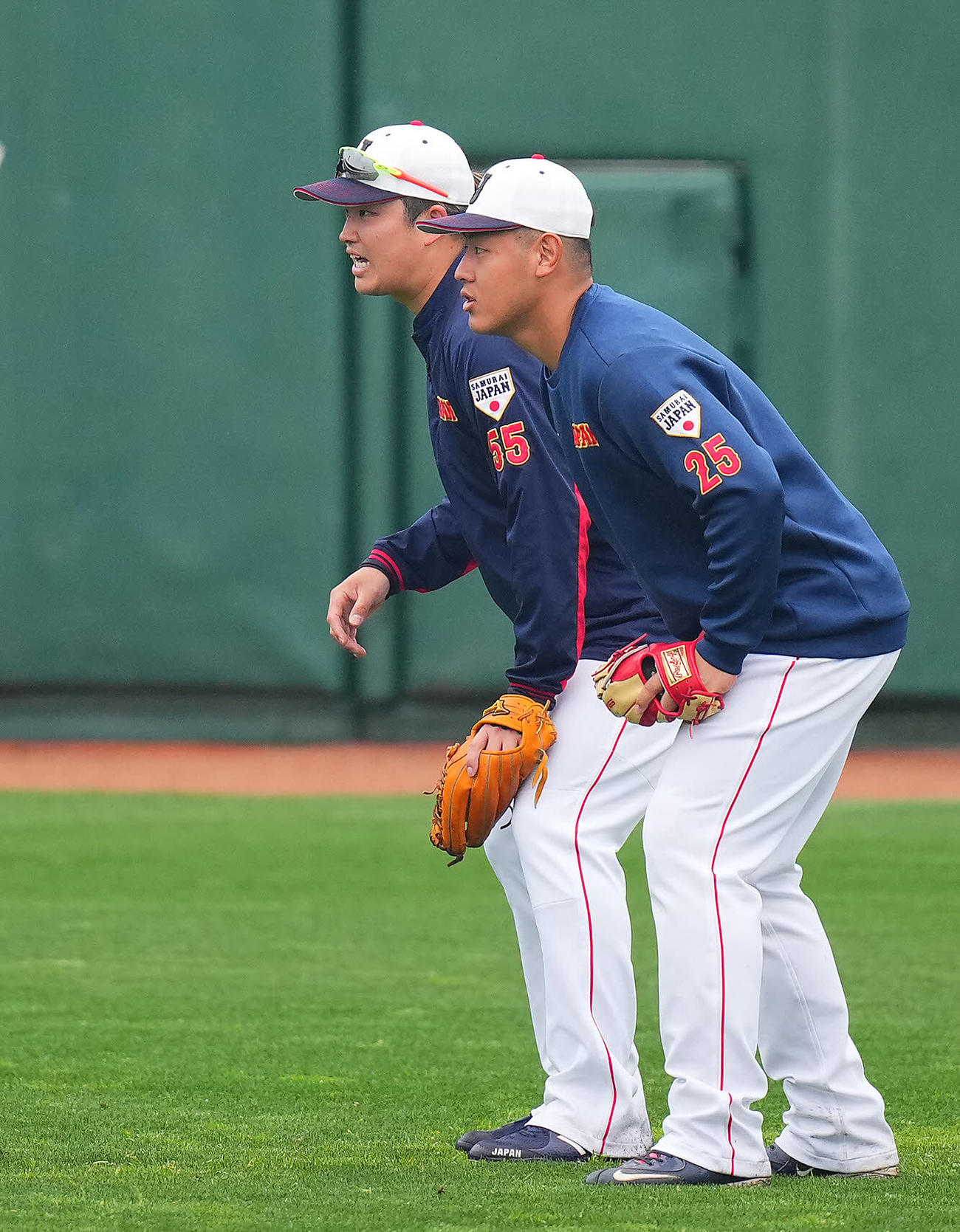 左翼で並んで守備練習を行う村上（左）と岡本（撮影・垰建太）