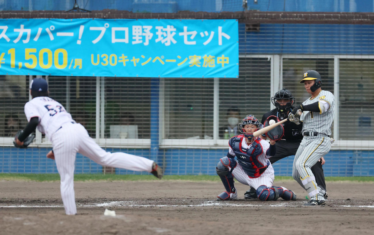 ヤクルト対阪神　9回表阪神2死一、二塁、三振に倒れる森下。投手は尾仲（撮影・加藤哉）