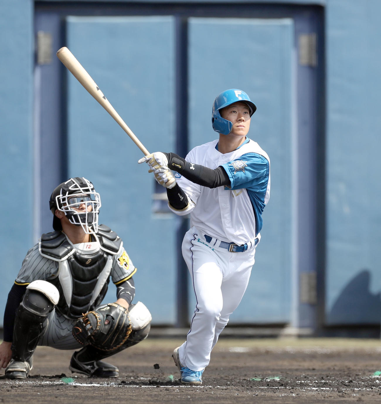 日本ハム対阪神　1回裏日本ハム無死、矢沢は先頭打者本塁打を放つ（撮影・佐藤翔太）